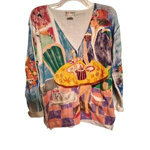 Vintage Kolorway Large Cardigan Sweater Woman at Cafe Dog Flowers Art to Wear